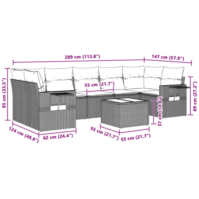 Salon de jardin 8 pcs avec coussins gris clair résine tressée