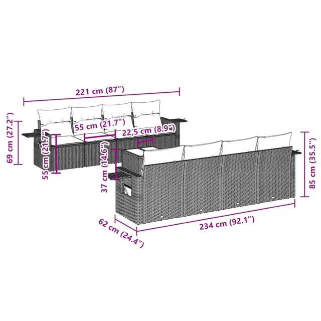 Salon de jardin 9 pcs avec coussins noir résine tressée