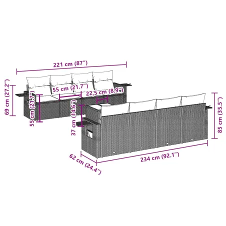 Salon de jardin 9 pcs avec coussins noir résine tressée