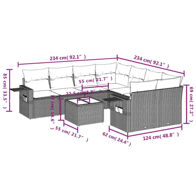 Salon de jardin 9 pcs avec coussins noir résine tressée