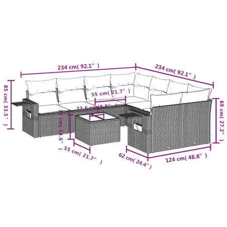 Salon de jardin avec coussins 9 pcs marron résine tressée