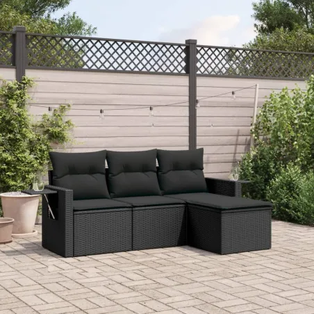Salon de jardin 4 pcs avec coussins noir résine tressée