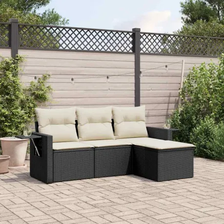 Salon de jardin 4 pcs avec coussins noir résine tressée