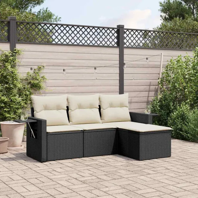 Salon de jardin 4 pcs avec coussins noir résine tressée