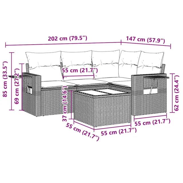 Salon de jardin 5 pcs avec coussins gris clair résine tressée