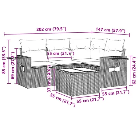 Salon de jardin 5 pcs avec coussins gris clair résine tressée