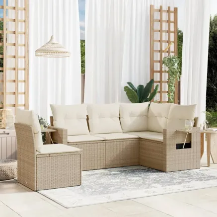 Salon de jardin avec coussins 5 pcs beige résine tressée