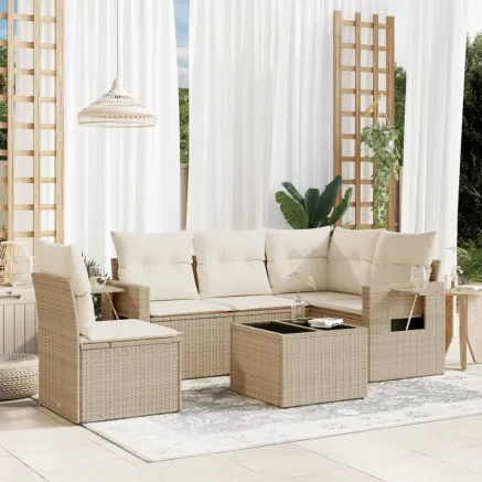 Salon de jardin avec coussins 6 pcs beige résine tressée