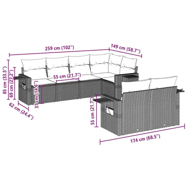Salon de jardin avec coussins 7 pcs gris clair résine tressée