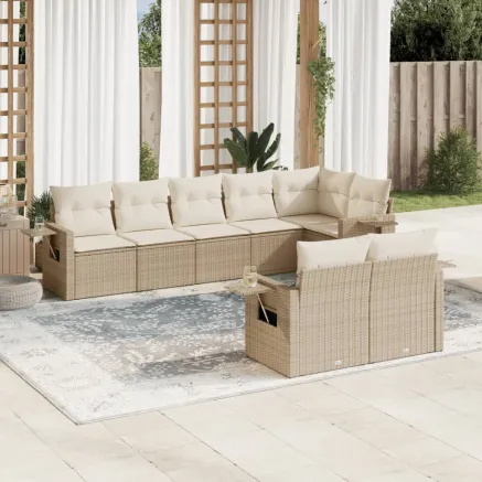Salon de jardin avec coussins 8 pcs beige résine tressée