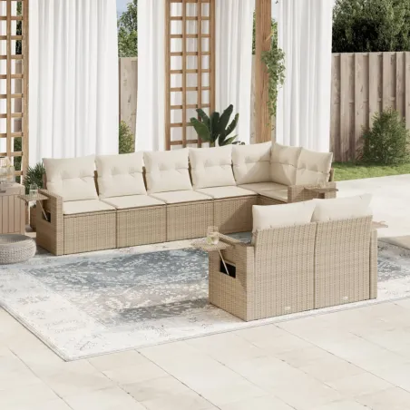 Salon de jardin avec coussins 8 pcs beige résine tressée