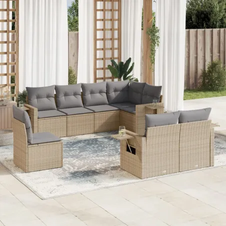 Salon de jardin avec coussins 8 pcs beige résine tressée