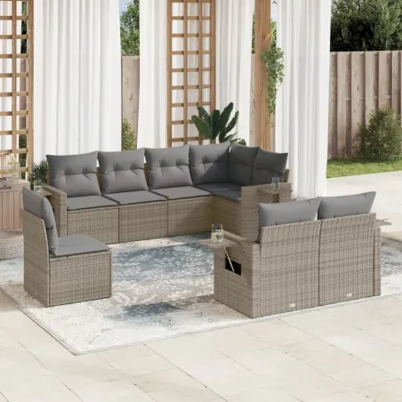 Salon de jardin 8 pcs avec coussins gris résine tressée
