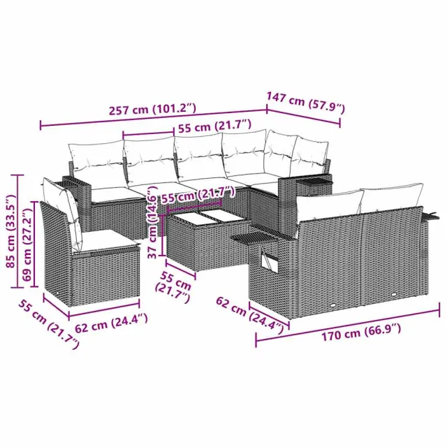 Salon de jardin 9 pcs avec coussins noir résine tressée