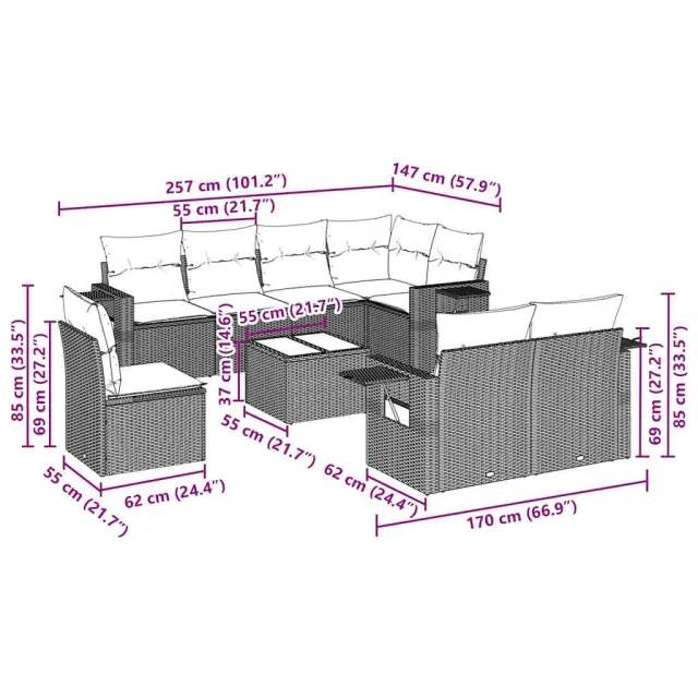 Salon de jardin 9 pcs avec coussins gris clair résine tressée