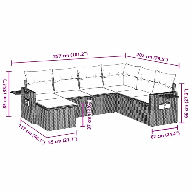 Salon de jardin 7 pcs avec coussins noir résine tressée
