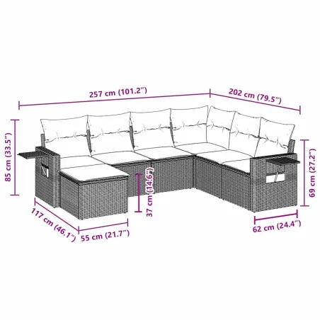 Salon de jardin 7 pcs avec coussins noir résine tressée