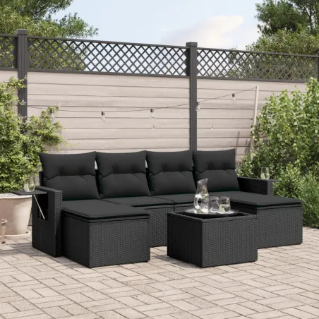 Salon de jardin 7 pcs avec coussins noir résine tressée