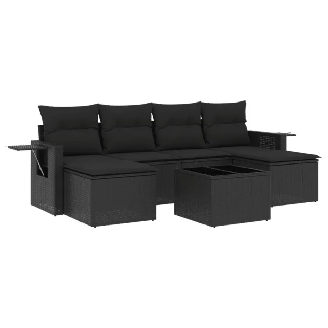 Salon de jardin 7 pcs avec coussins noir résine tressée