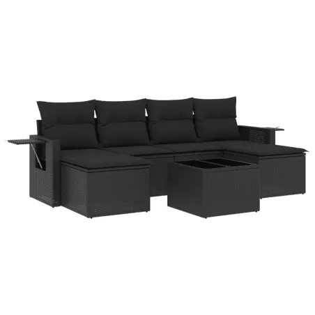 Salon de jardin 7 pcs avec coussins noir résine tressée
