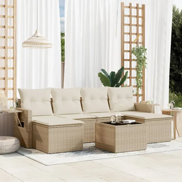 Salon de jardin avec coussins 7 pcs beige résine tressée