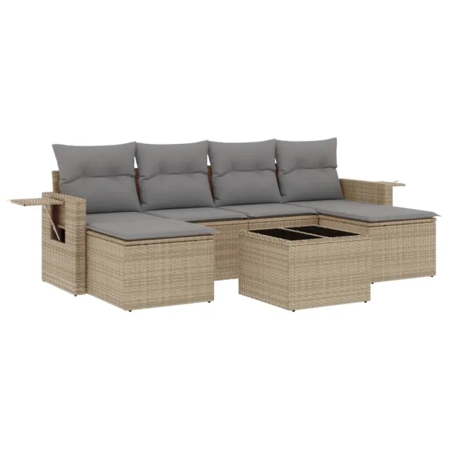 Salon de jardin avec coussins 7 pcs beige résine tressée