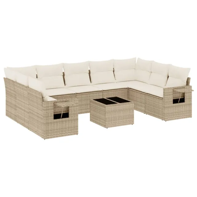 Salon de jardin avec coussins 10 pcs beige résine tressée