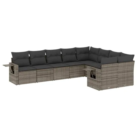 Salon de jardin 9 pcs avec coussins gris résine tressée