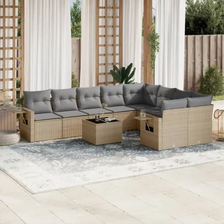 Salon de jardin avec coussins 10 pcs beige résine tressée