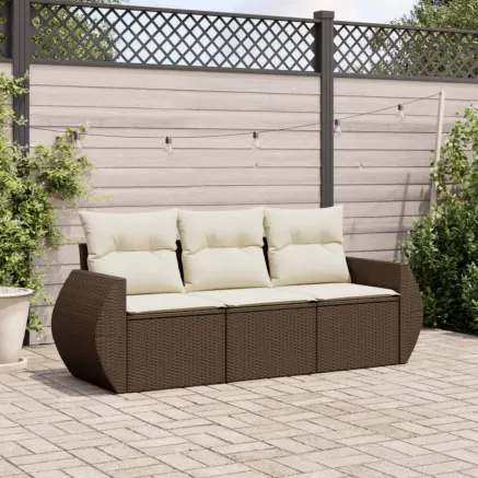 Salon de jardin avec coussins 3 pcs marron résine tressée
