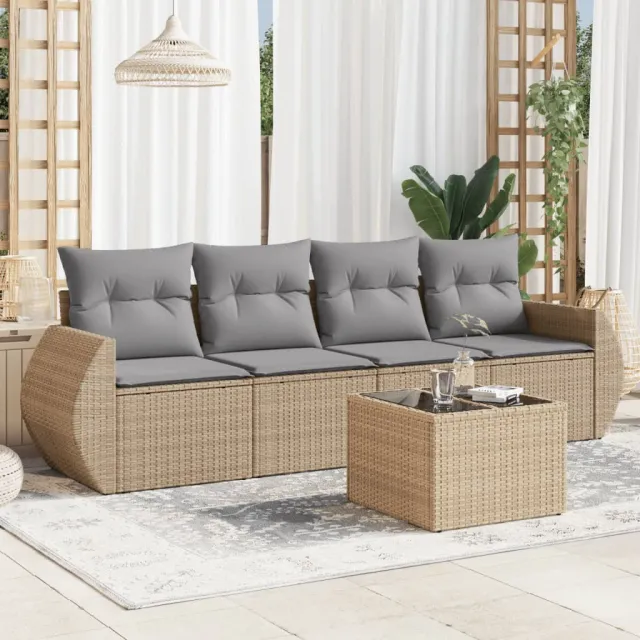 Salon de jardin avec coussins 5 pcs beige résine tressée