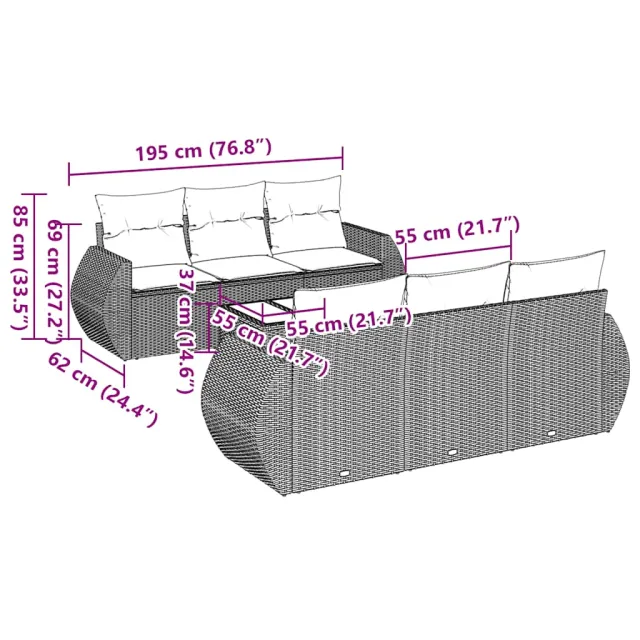Salon de jardin 7 pcs avec coussins noir résine tressée