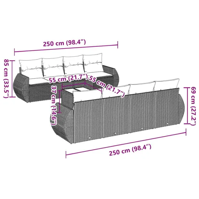 Salon de jardin 9 pcs avec coussins noir résine tressée