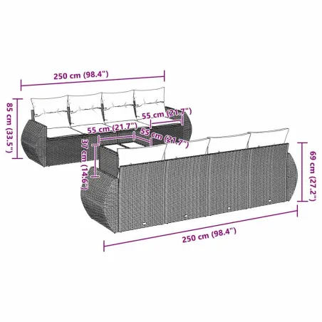 Salon de jardin 9 pcs avec coussins gris clair résine tressée