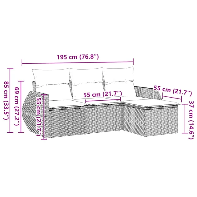 Salon de jardin 4 pcs avec coussins noir résine tressée