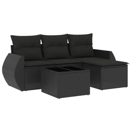 Salon de jardin 5 pcs avec coussins noir résine tressée 2