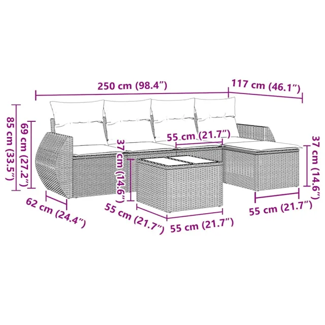 Salon de jardin 6 pcs avec coussins noir résine tressée