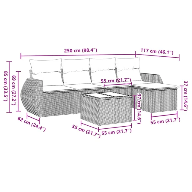 Salon de jardin 6 pcs avec coussins gris clair résine tressée