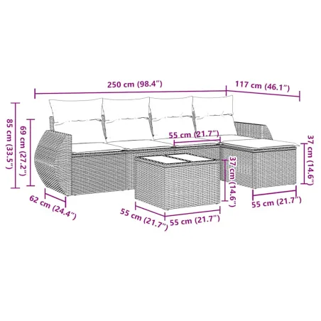 Salon de jardin 6 pcs avec coussins gris clair résine tressée