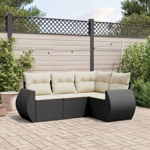 Salon de jardin 4 pcs avec coussins noir résine tressée