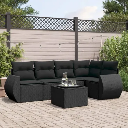 Salon de jardin 6 pcs avec coussins noir résine tressée
