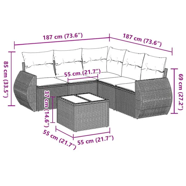 Salon de jardin 6 pcs avec coussins noir résine tressée