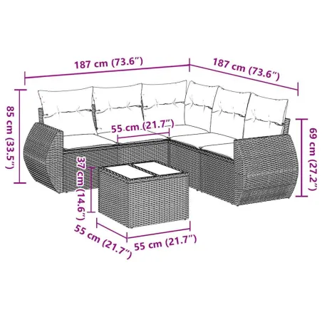 Salon de jardin 6 pcs avec coussins noir résine tressée