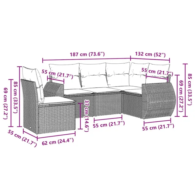 Salon de jardin 5 pcs avec coussins noir résine tressée