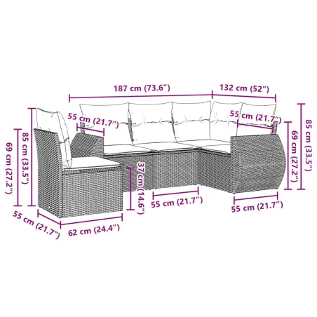 Salon de jardin 5 pcs avec coussins noir résine tressée