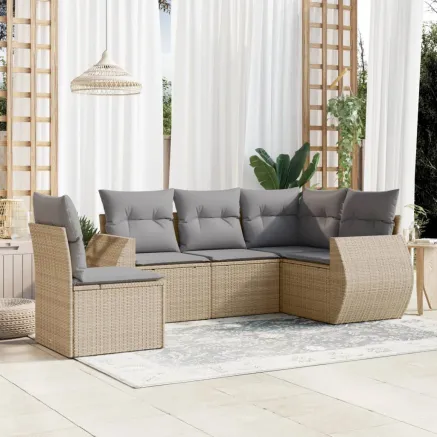 Salon de jardin avec coussins 5 pcs beige résine tressée