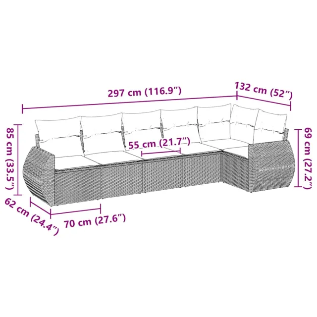 Salon de jardin 6 pcs avec coussins noir résine tressée