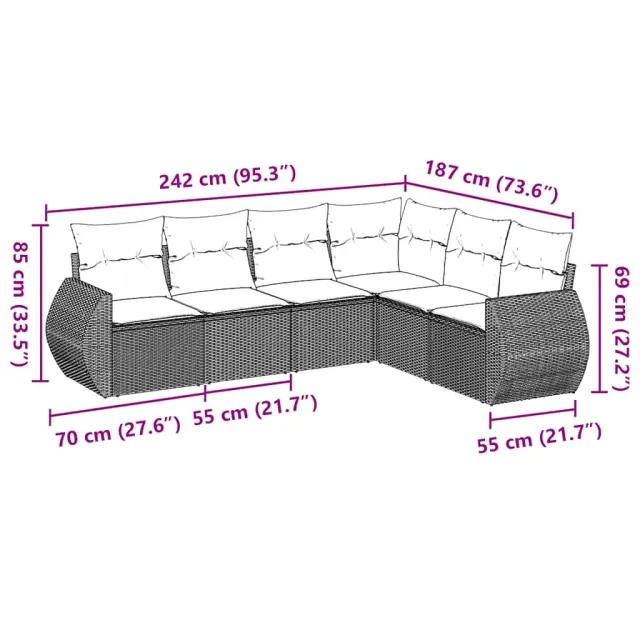 Salon de jardin 6 pcs avec coussins noir résine tressée