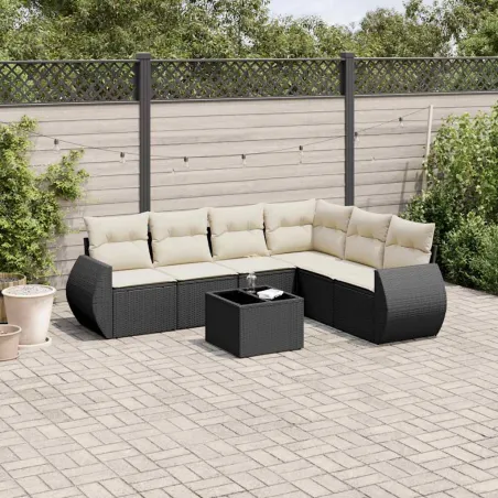 Salon de jardin 7 pcs avec coussins noir résine tressée