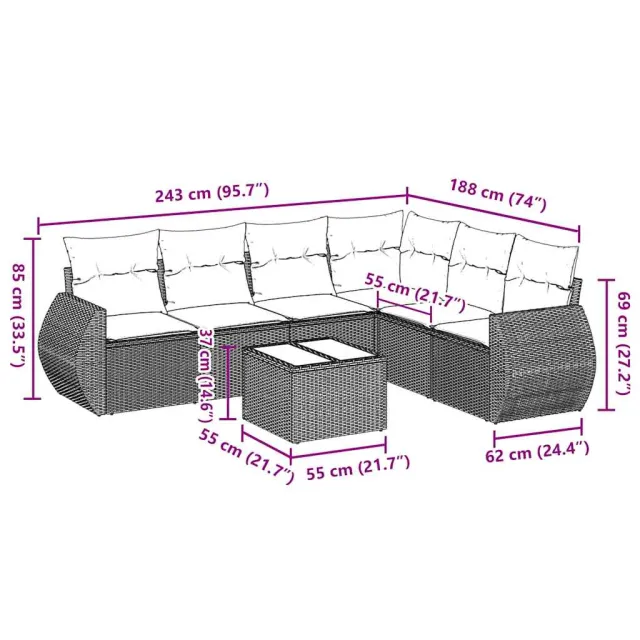 Salon de jardin avec coussins 7 pcs gris clair résine tressée